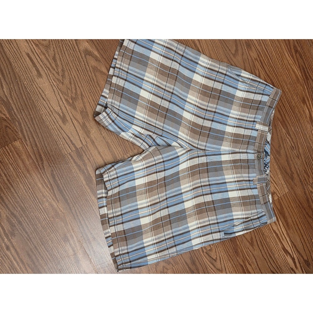 Tommy‎ Bahama Mens 36 Plaid Shorts Blue Brown Linen Silk Blend Flat Front Casual